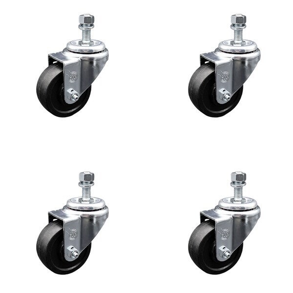 3.5 Inch SS Soft Rubber Wheel Swivel 1/2 Inch Threaded Stem Caster Set SCC